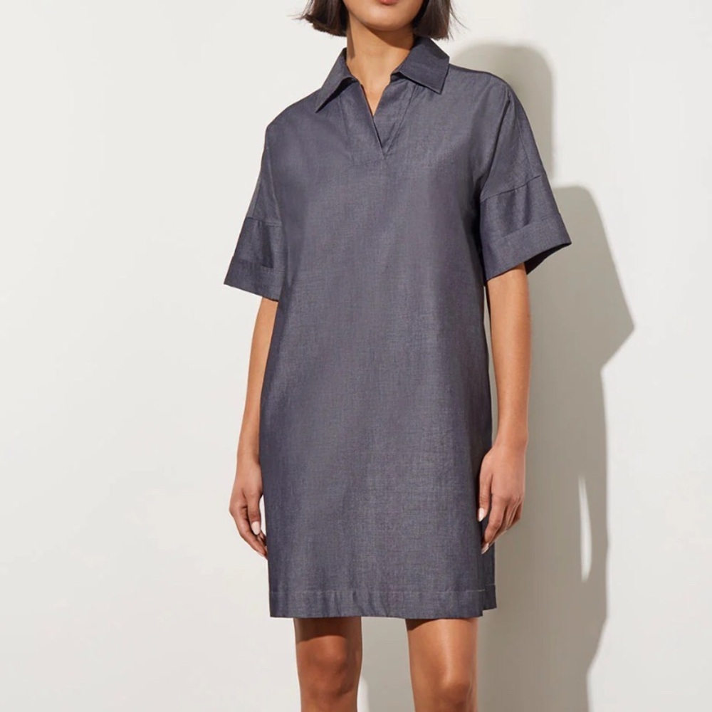 Ming Wang Side Pocket A-Line Chambray Shirt Dress